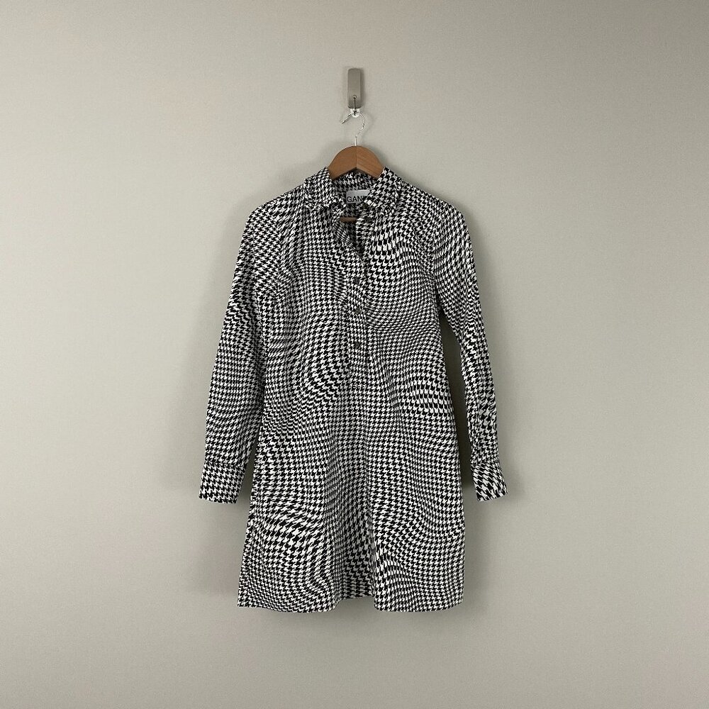 GANNI Spiral Houndstooth Cotton Poplin Mini Shirtdress Size 34 (US 2)